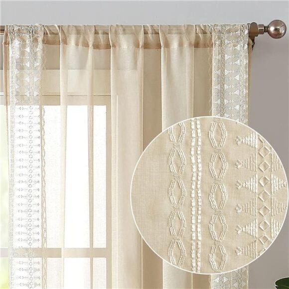 SET OF 2 Boho Curtains for Living Room Bedroom SheerCurtains Embroidered Bordere